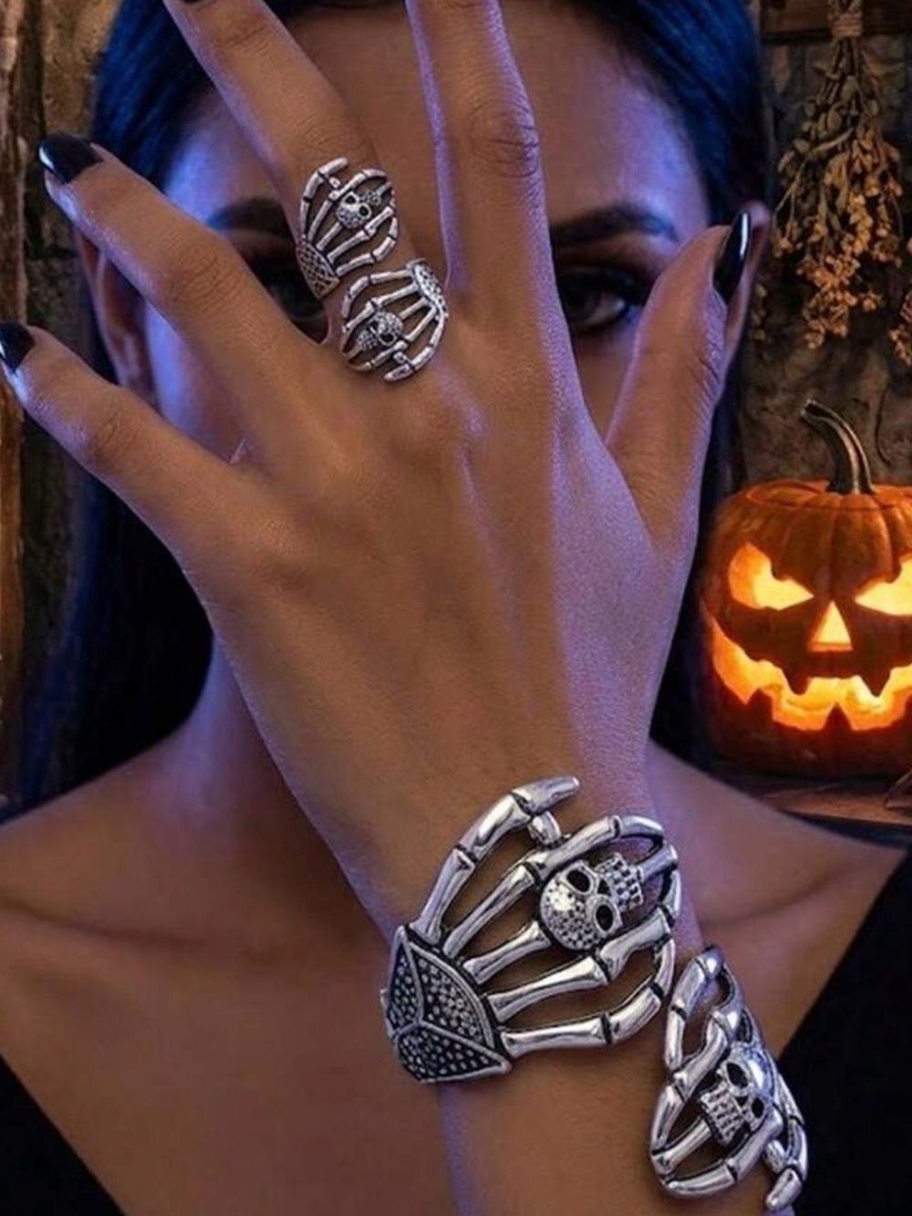 Silver Skeleton Hand Bracelet and Ring Set - Women's Jewelry
